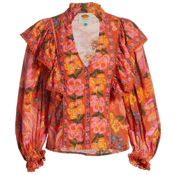 Farm Rio Bananas Ruffle Clip Dot Textured Cotton Blouse RED Puff Sleeve XS - Picture 6 of 16